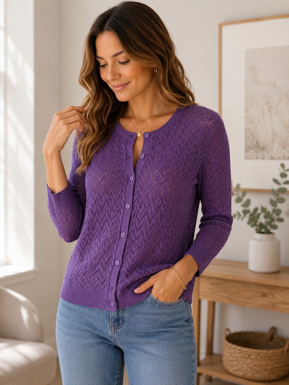 LOFT Purple Pointelle Knit Cardigan Button Front Lightweight Sweater Medium